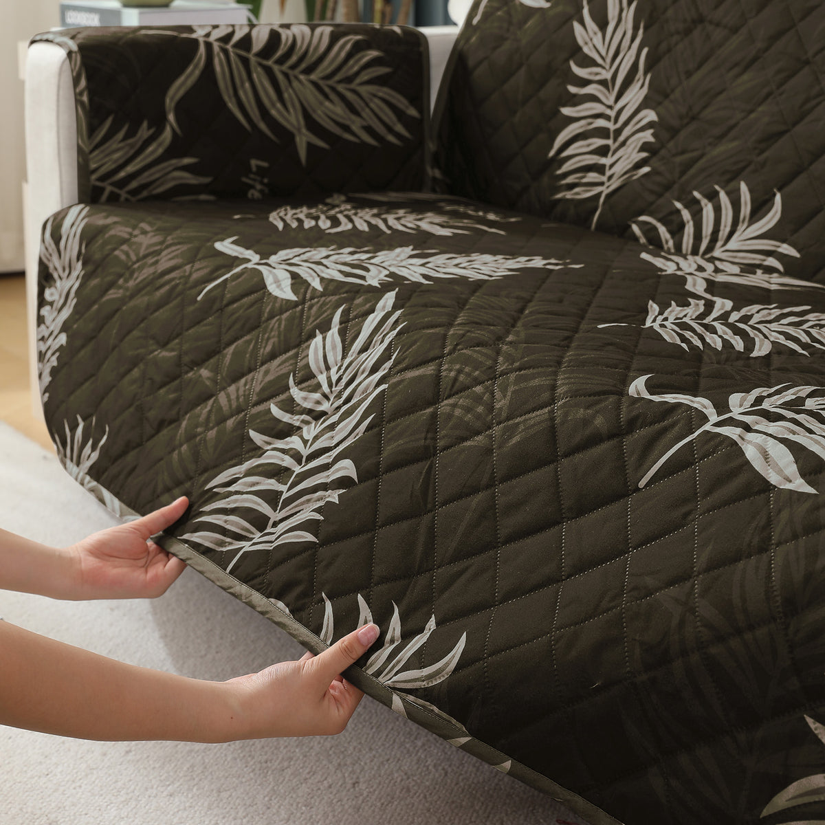 Quilted Waterproof Sofa Cover Mat with Pockets on Armrest Cover - Palm Leaves Olive