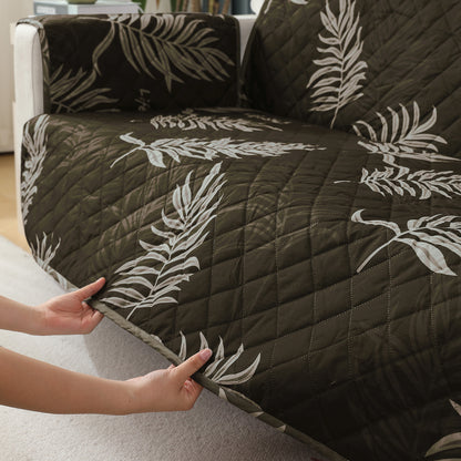 Quilted Waterproof Sofa Cover Mat with Pockets on Armrest Cover - Palm Leaves Olive