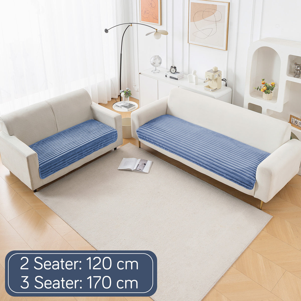Faux Rabbit Fur Sofa Cover Combination Set, 'Snuggle Fur Series' Denim Blue
