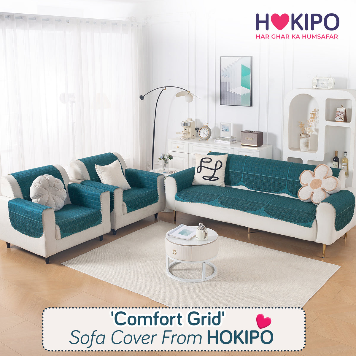 'Comfort Grid Series' Premium Quilted 5 (3+1+1) Seater Sofa Cover Set with Foam Filling | Peacock Blue