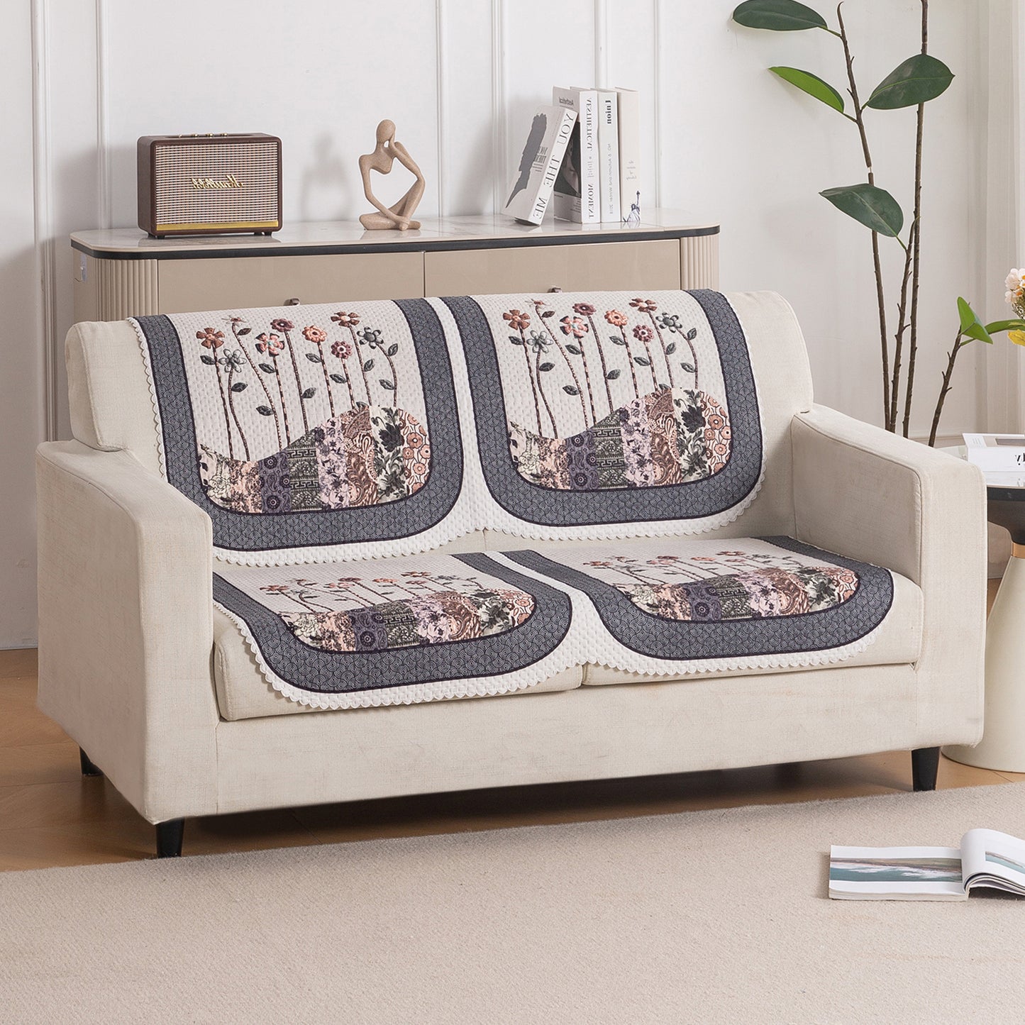 HeavenHue Fleece Soft Touch Quilted Sofa Cover Set Washable Sofa Panel for Seat & Back - Mystic Wings