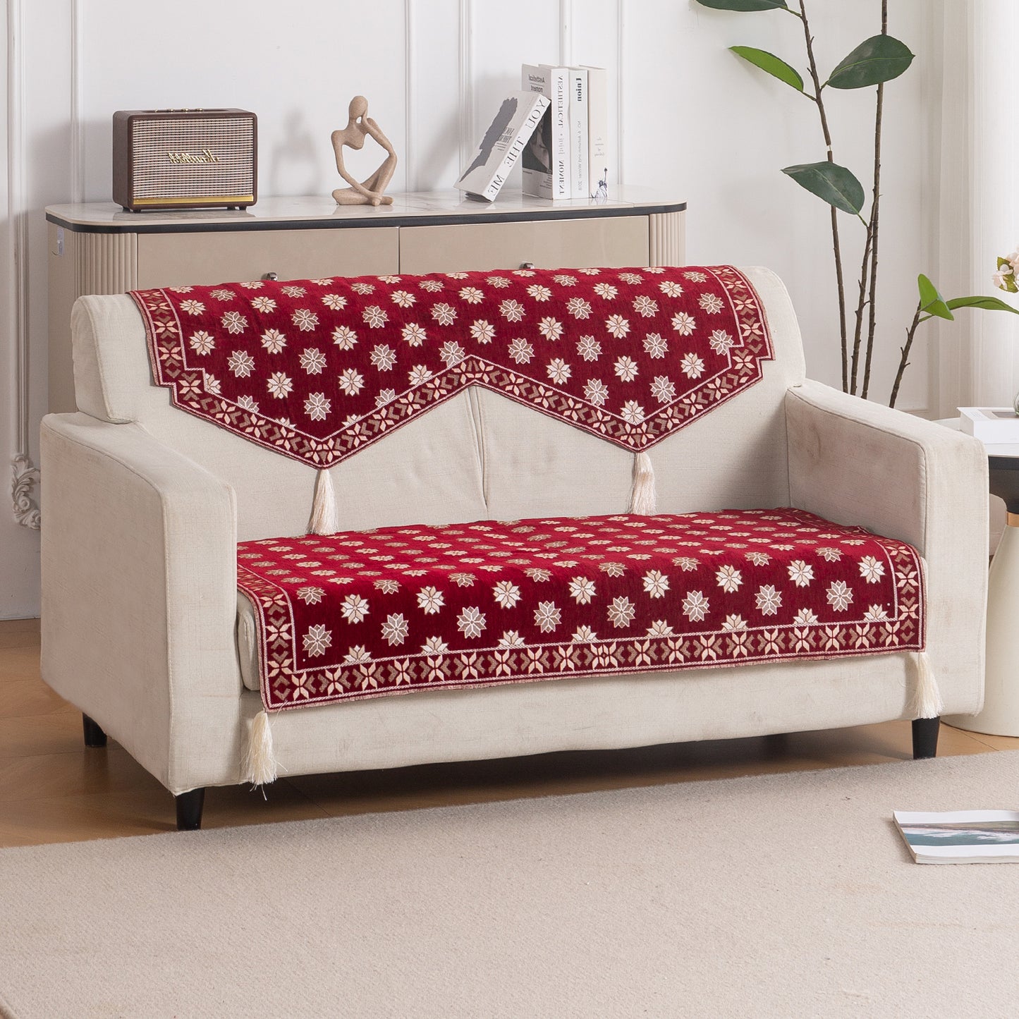 Heritage Weave Premium Jacquard Sofa Cover Set with Tassels -  Crimson Red