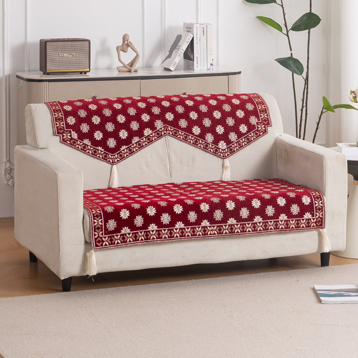 Heritage Weave Premium Jacquard Sofa Cover Set with Tassels -  Crimson Red