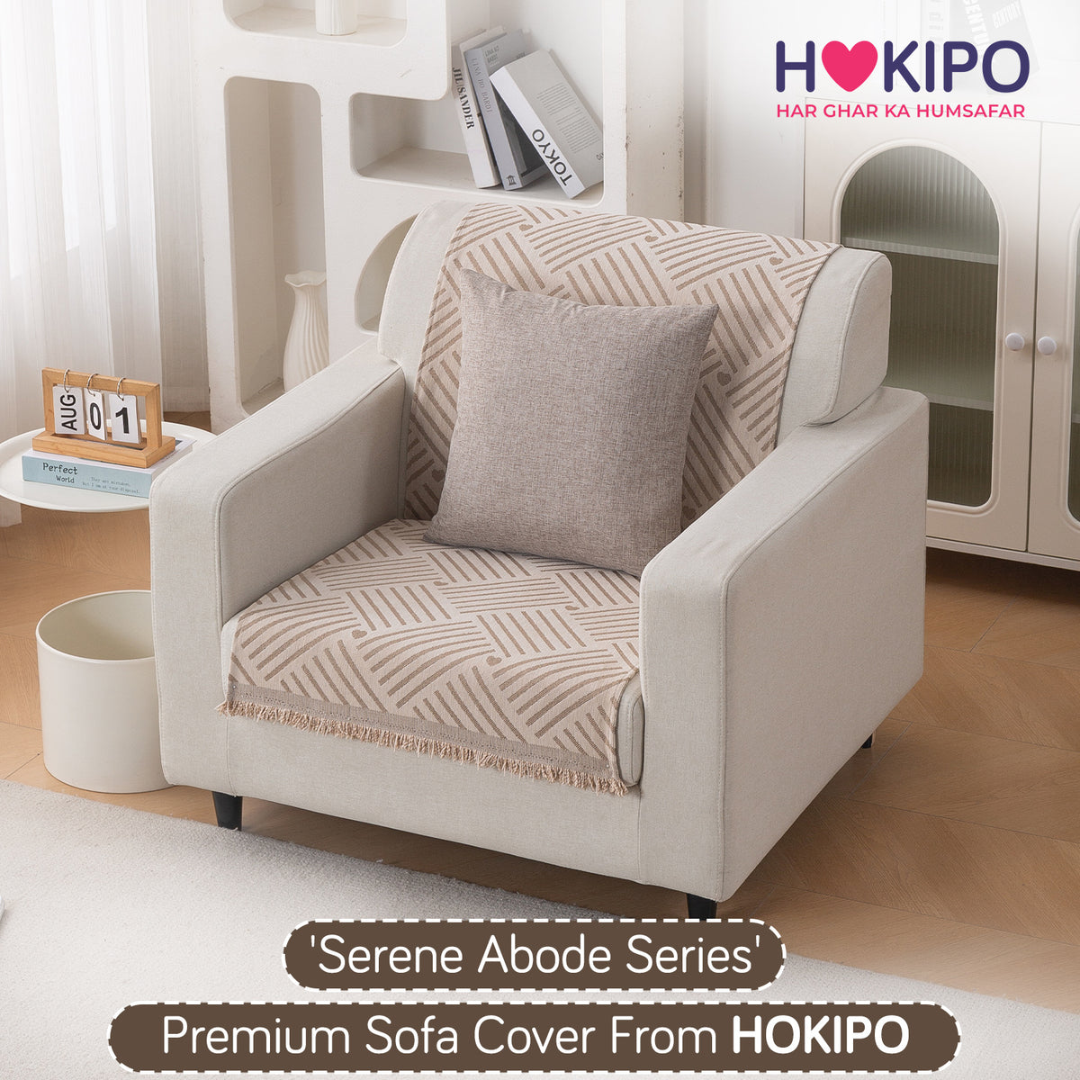 Premium 320 GSM Chenille Sofa Cover 'Serene Abode Series', Beige Geo Weave