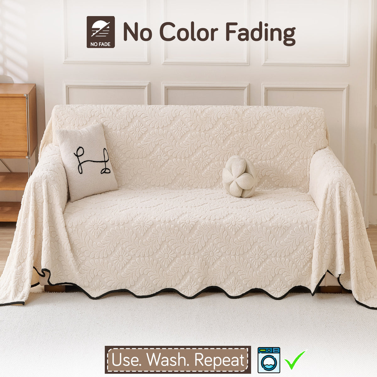 Buy Light Cream Colour Wavy Petal Crest Series Plush Sofa Throw Cover – 2 Seater Sofas | HOKIPO