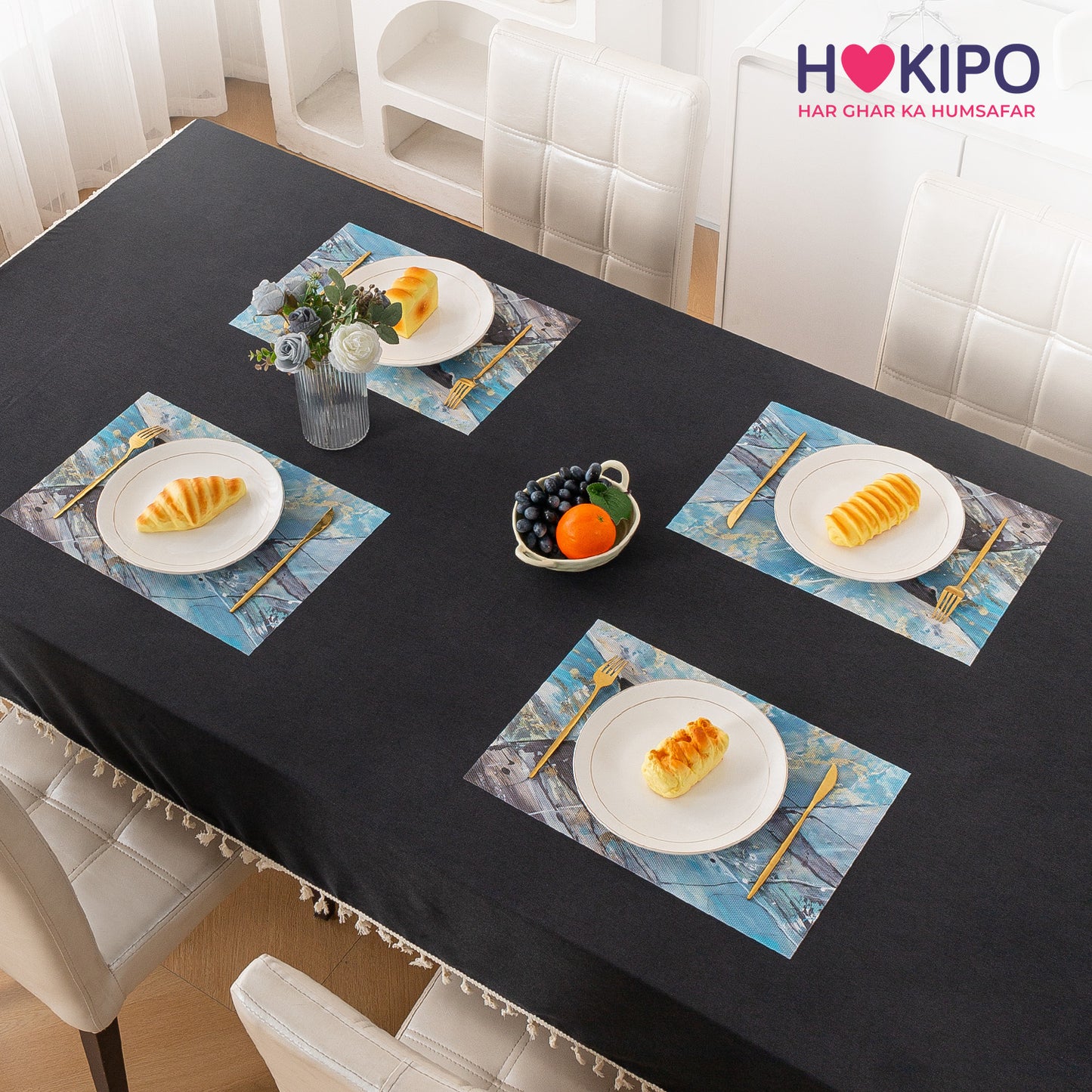 Marble Fusion PVC Mats for Dining Table, Artistic Stroke - Slate Blue