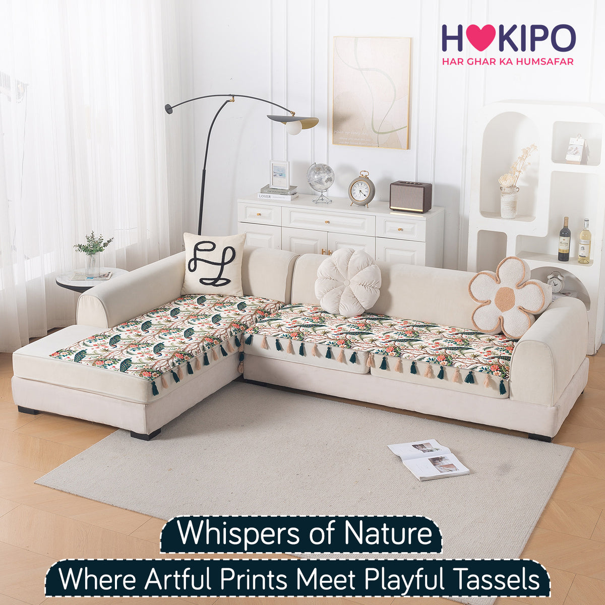 Whispers of Nature' Series Holland Velvet L Shape Sofa Cover Seat Mat with Tassels, Multicolor Tropical Peacock