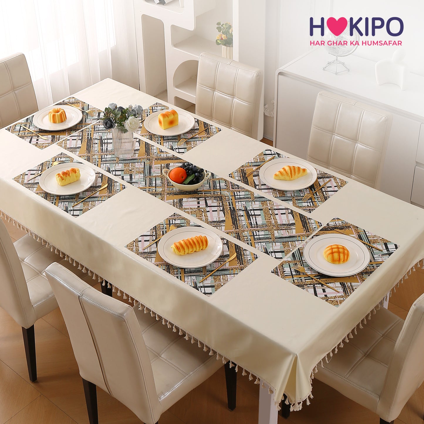Marble Fusion PVC Mats for Dining Table, Crosshatch - Mustard Gold