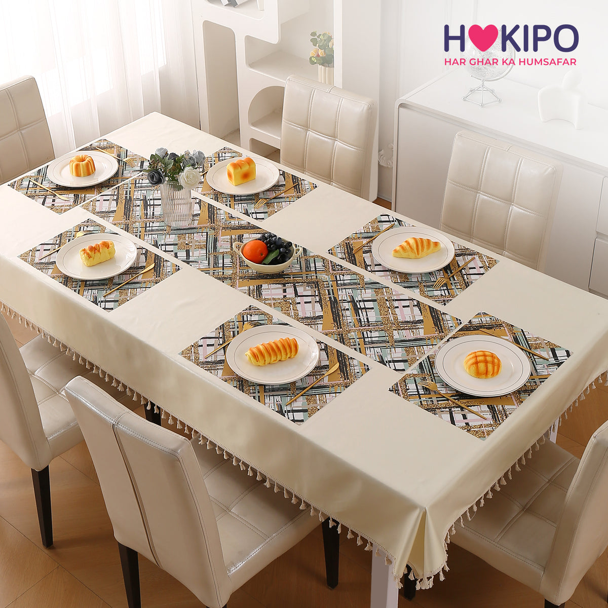 Marble Fusion PVC Mats for Dining Table, Crosshatch - Mustard Gold
