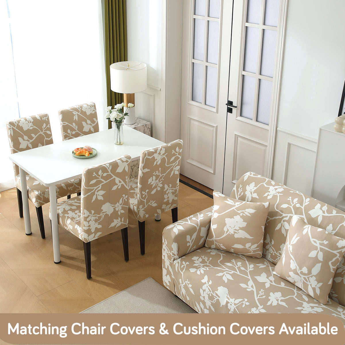 buy Buff brown silhouette floral print Matching elastic covers for chairs and sofas