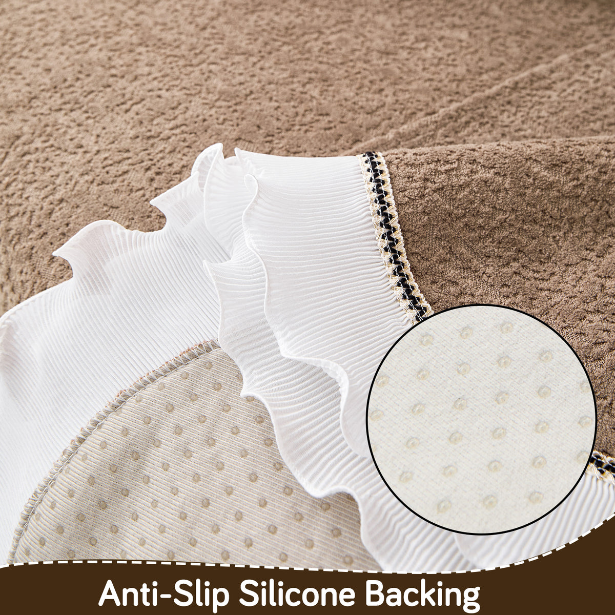 French Classic Frill Wavy Sofa Cover Mat with Curve & Lace - Mocha Luxe Brown