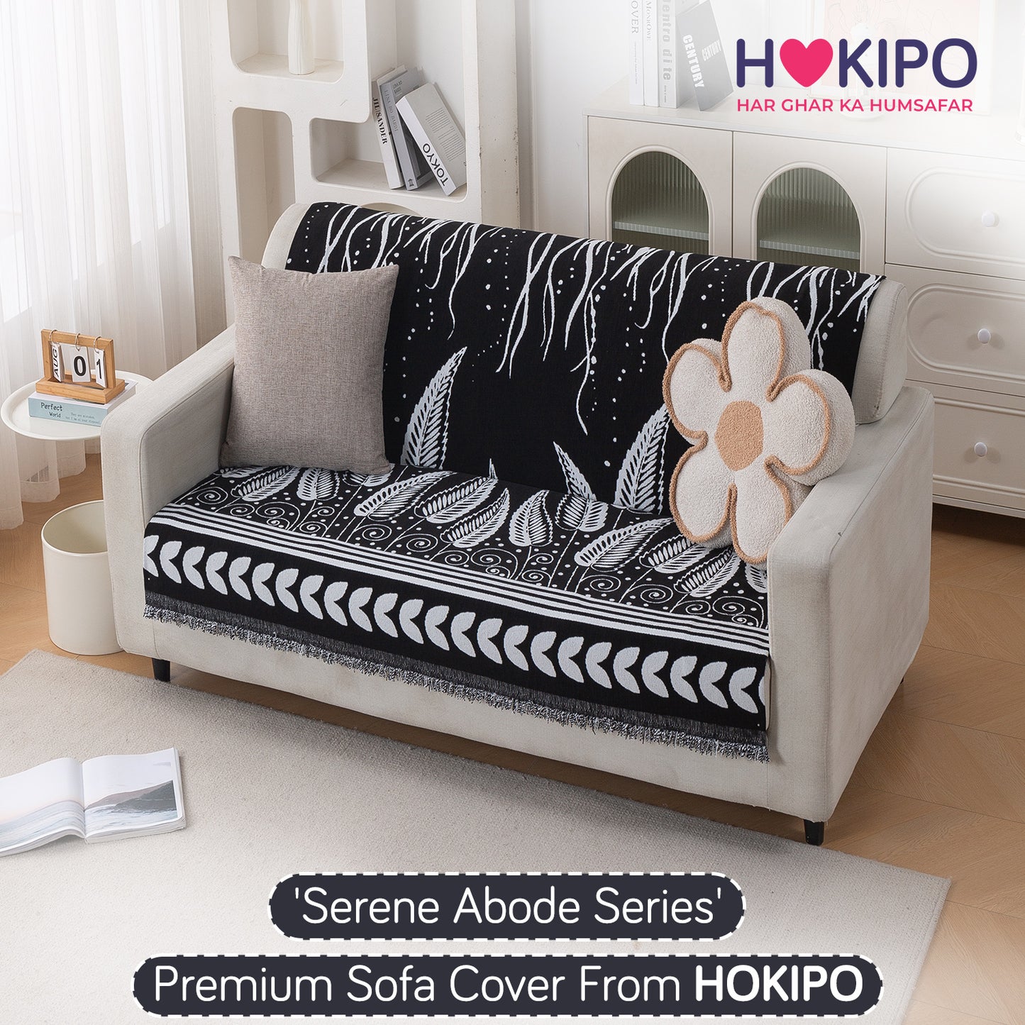 Premium 320 GSM Chenille Sofa Cover 'Serene Abode Series', Black Fern Tribal