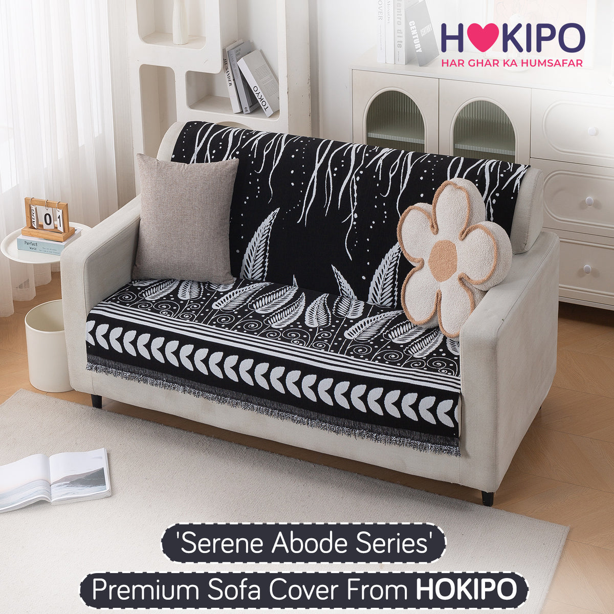 Premium 320 GSM Chenille Sofa Cover 'Serene Abode Series', Black Fern Tribal