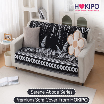 Premium 320 GSM Chenille Sofa Cover 'Serene Abode Series', Black Fern Tribal