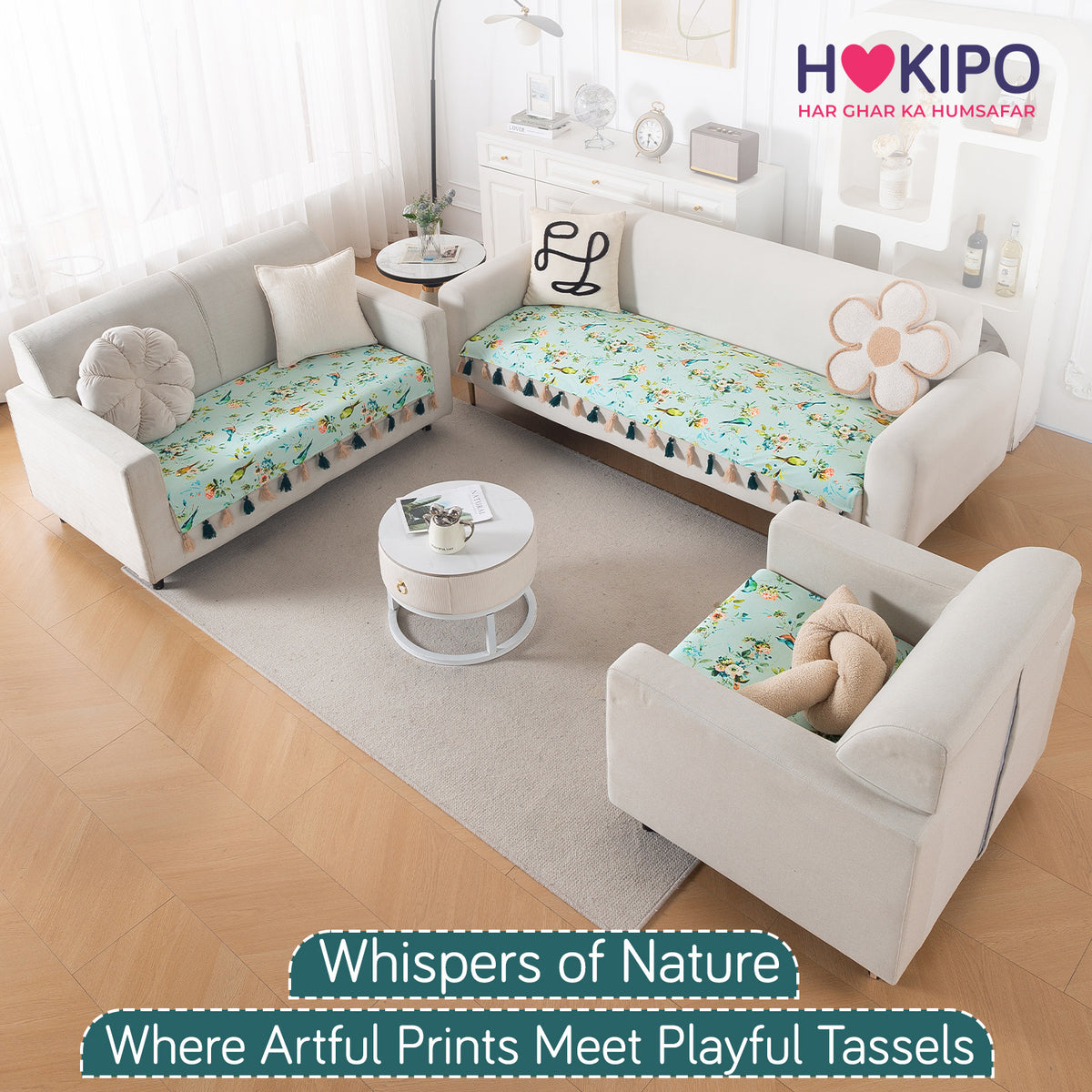'Whispers of Nature' Series Holland Velvet Sofa Mat with Tassel, Mint Birdsong Blossom