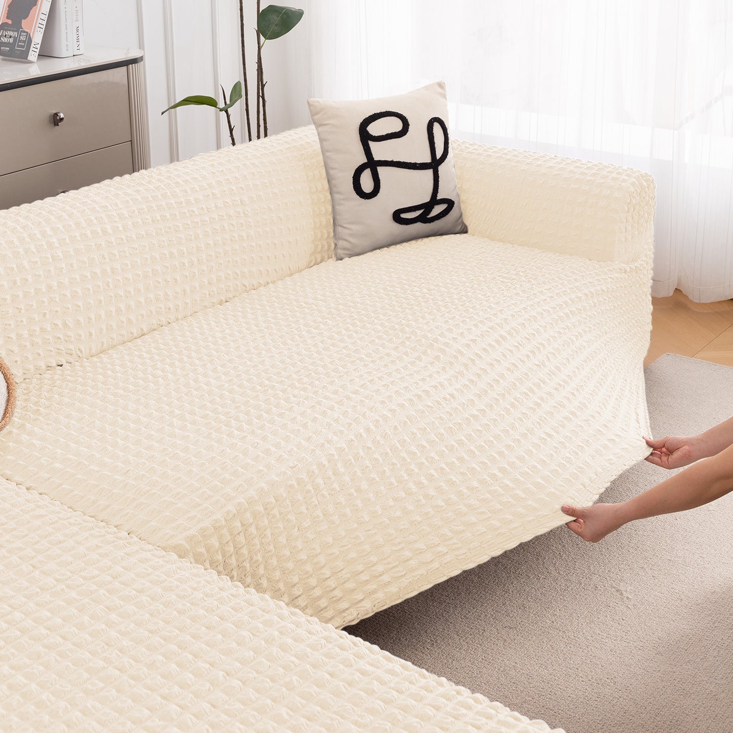 Aria Nova Bubble 2-Piece Stretchable L Shape Sofa Cover with Left Chaise, Light Cream
