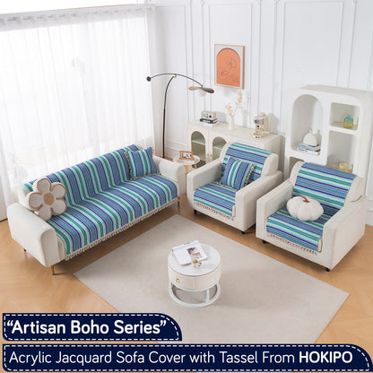 Artisan Boho Series 5-Seater Sofa Cover with Tassels (3+1+1), Royal Blue