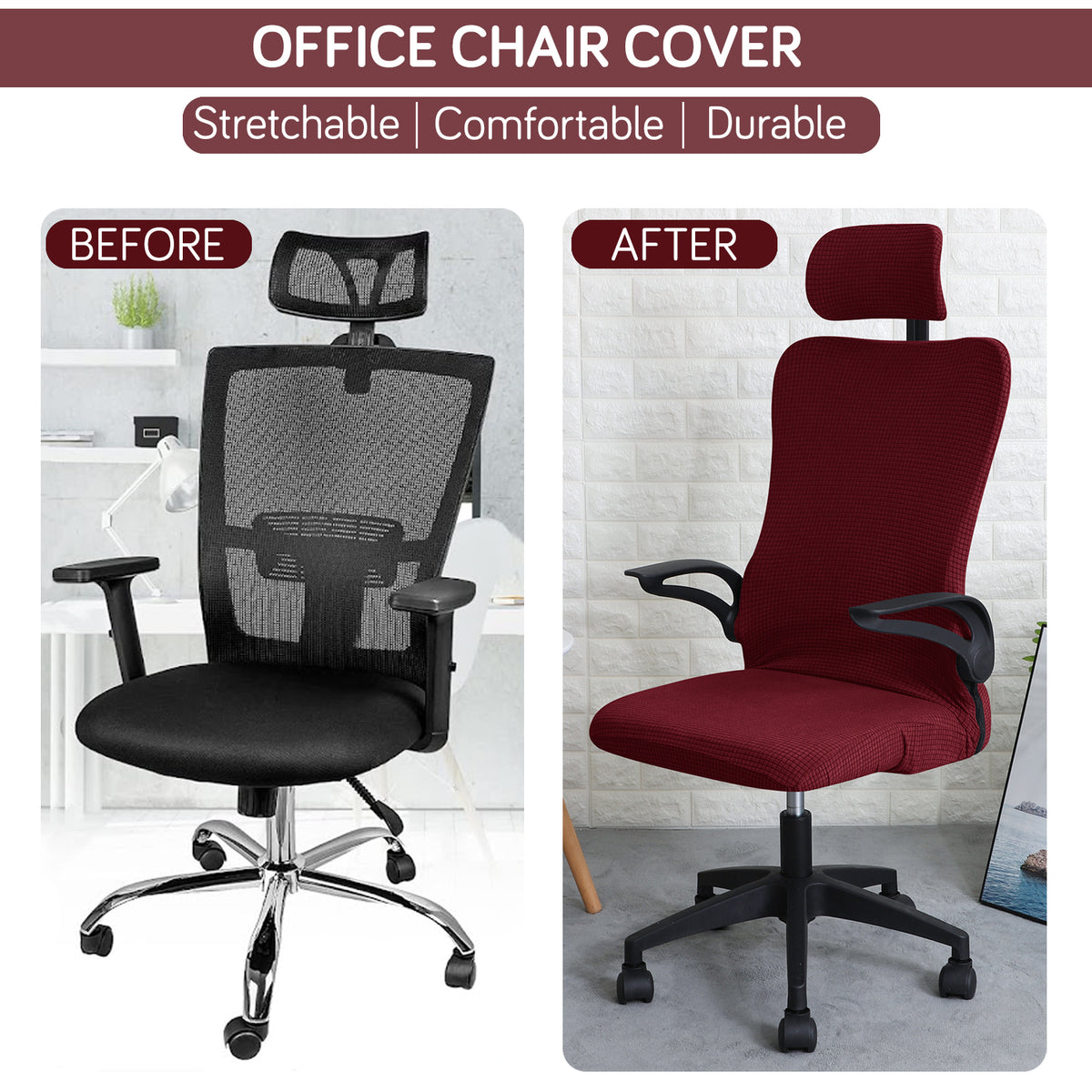 Water Repellent Office Chair Cover with Headrest (High-Back) – 210 GSM Stretch Jacquard – Washable, Anti-Slip Fit for Ergonomic Mesh Office Chairs, Burgundy