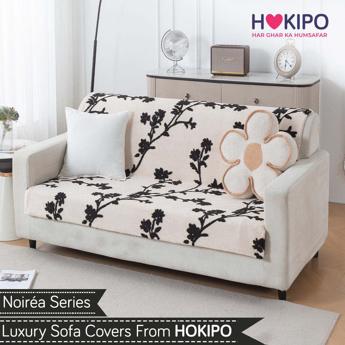 'Noirea Series' Plush Sofa Cover for Seat & Back, Botanical Vine