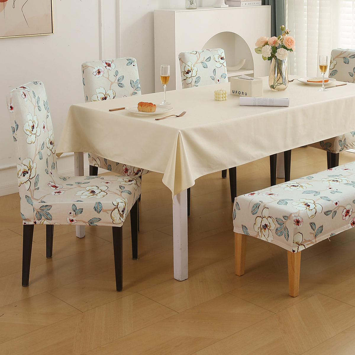 Premium Velvet Cover Set for 4 Dining Chairs + 1 Dining Bench, Buttercream Magnolia Whisper