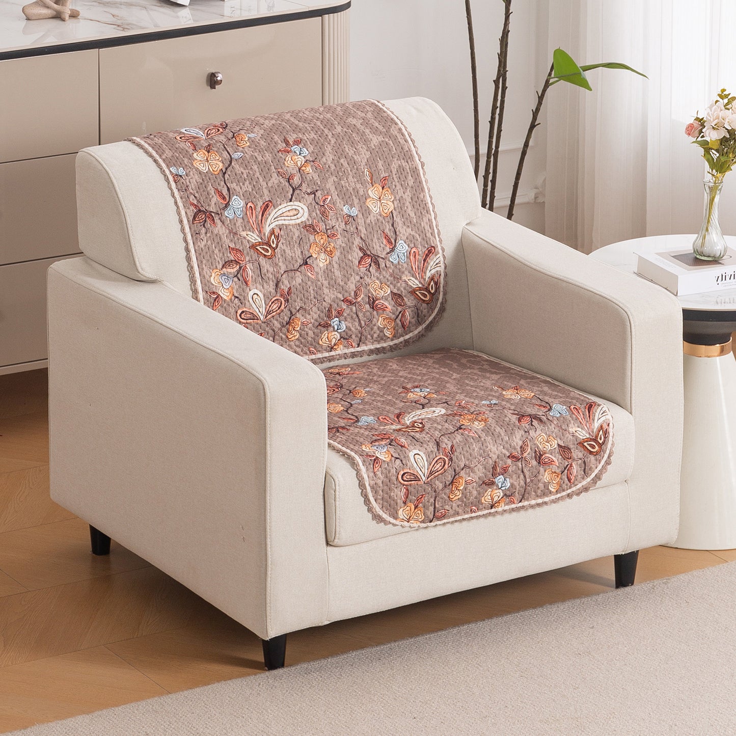 HeavenHue Fleece Soft Touch Quilted Sofa Cover Set Washable Sofa Panel for Seat & Bk - Vintage Bloom