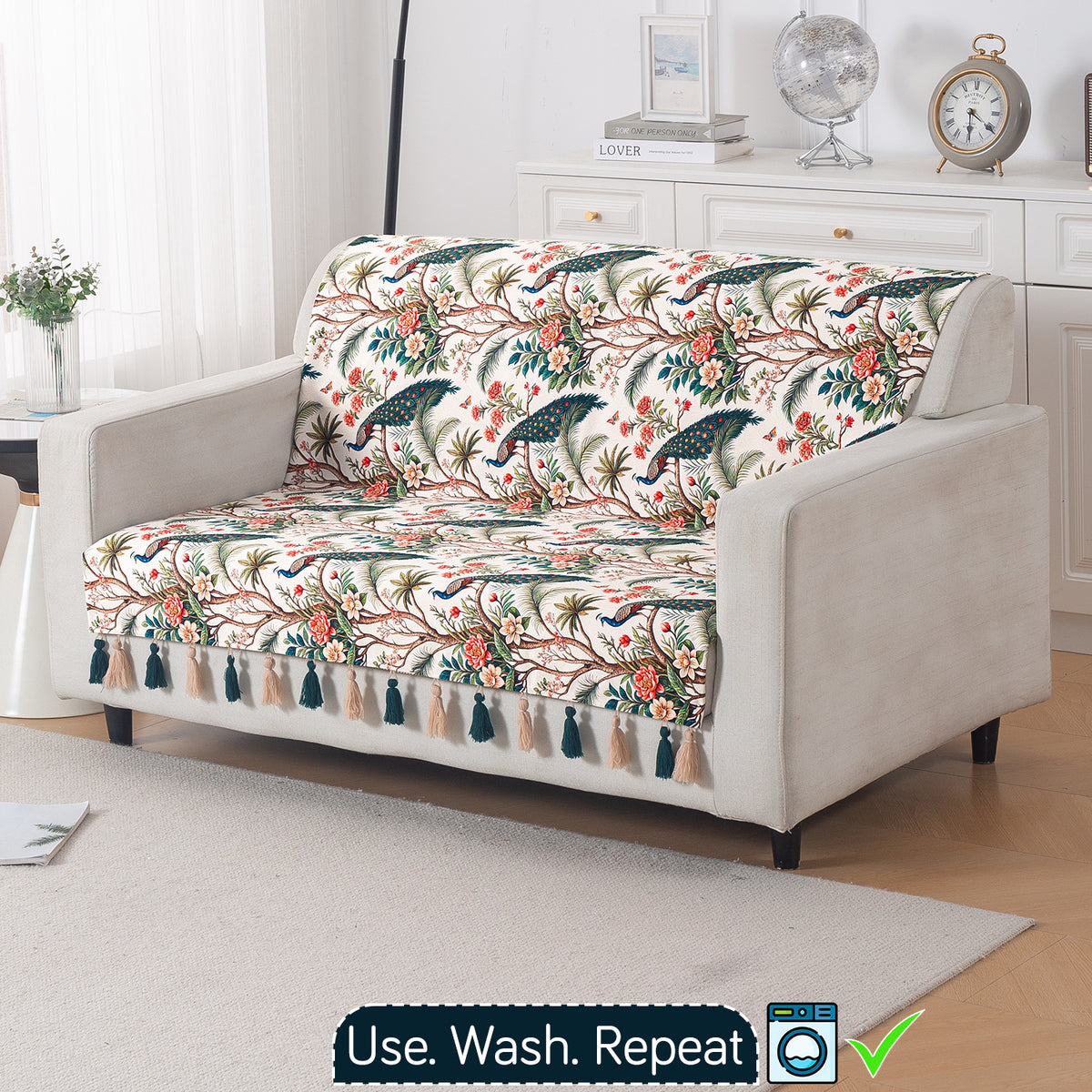 'Whispers of Nature' Series Holland Velvet Sofa Cover with Tassel, Multicolor Tropical Peacock