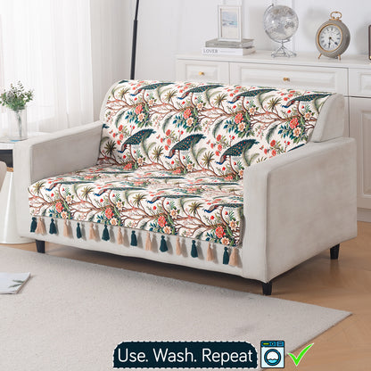'Whispers of Nature' Series Holland Velvet Sofa Cover with Tassel, Multicolor Tropical Peacock