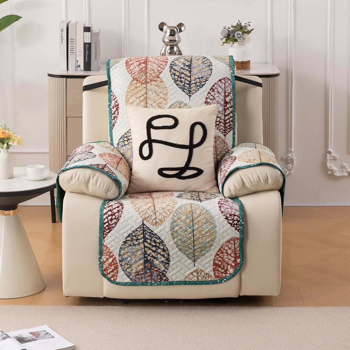 Quilted Cover for Recliner Sofa with SecureFit Belt & Side Pocket, Multicolor Linden Leaf