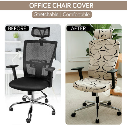 Printed Office Chair Cover with Headrest (High-Back) – 140 GSM Stretch Fabric – Washable, Anti-Slip Fit for Ergonomic Mesh Office Chairs, Natural Beige Abstract Art