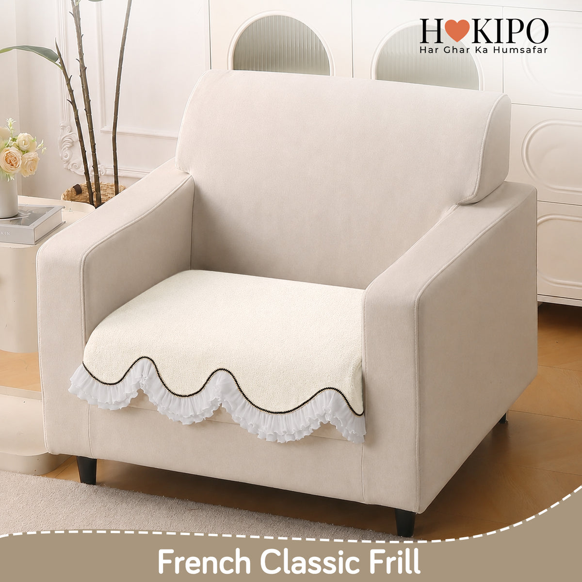 French Classic Frill Wavy Sofa Cover Mat, Snow White Ivory