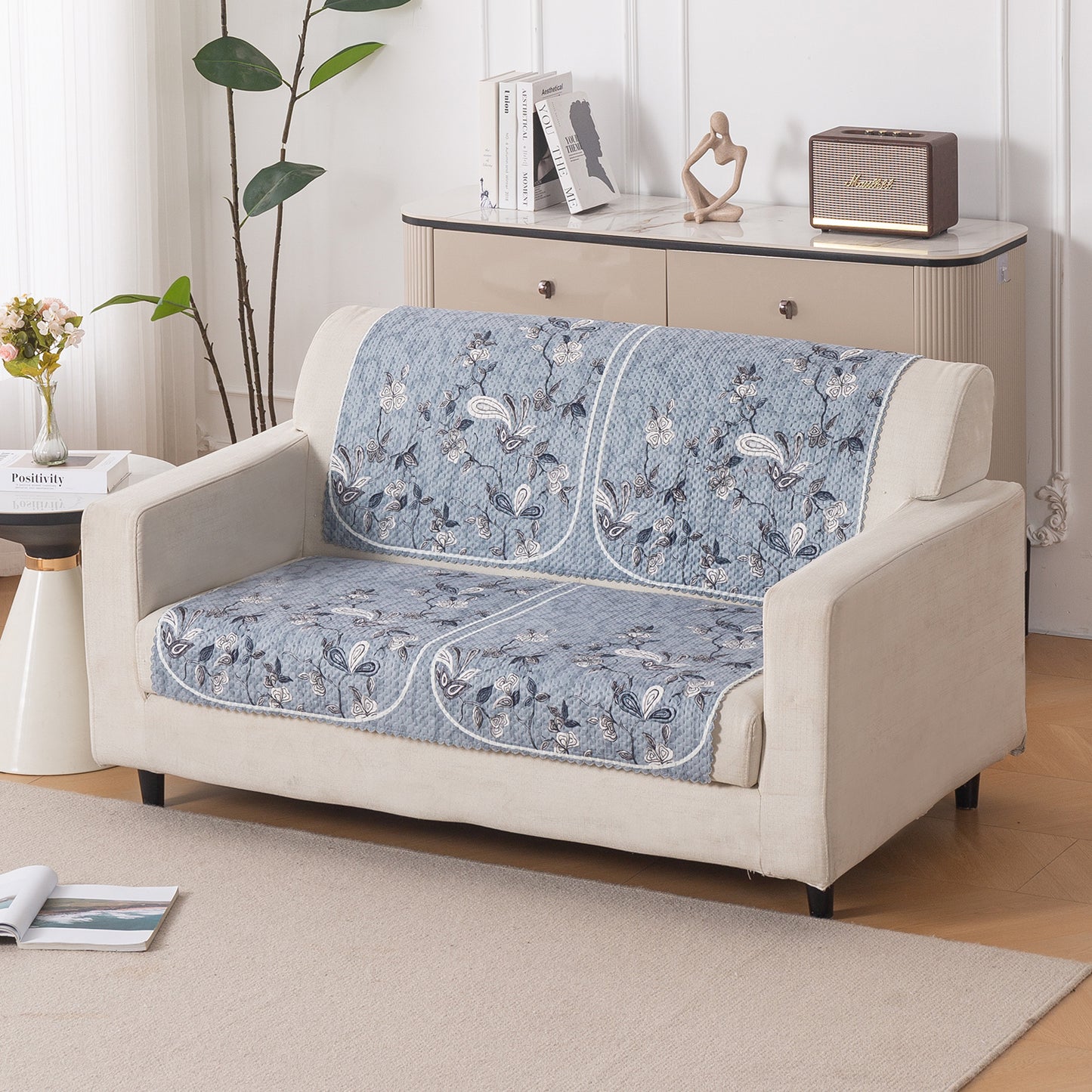 HeavenHue Fleece Soft Touch Quilted Sofa Cover Set Washable Sofa Panel for Seat & Back - Frosted Petals