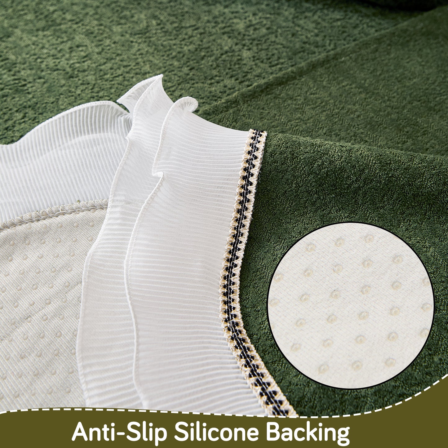 French Classic Frill Wavy Sofa Cover Mat with Curve & Lace - Dark Olive Green