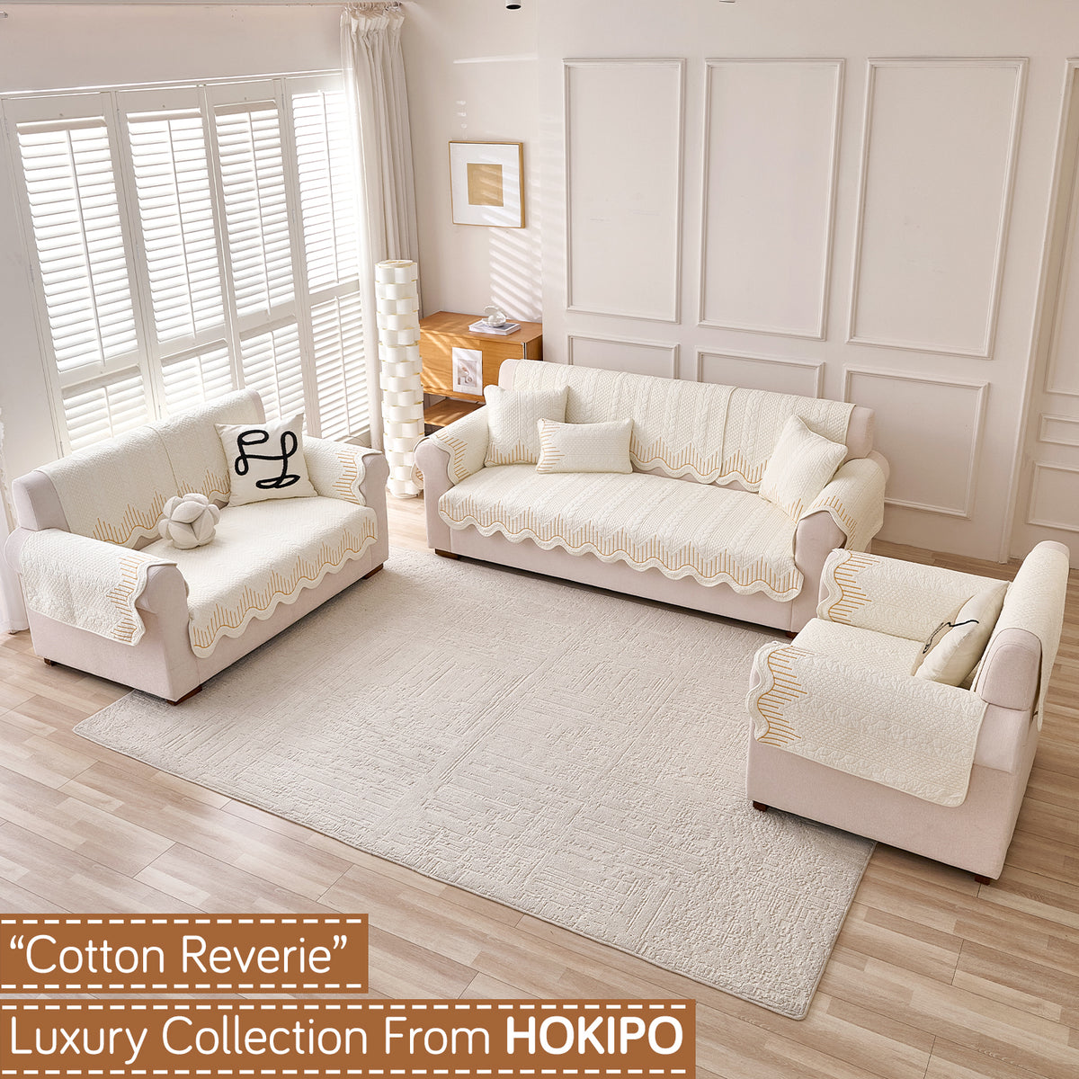 Cotton Reverie with a Curved Wavy Edge Sofa Mat, Golden Cream Bloom