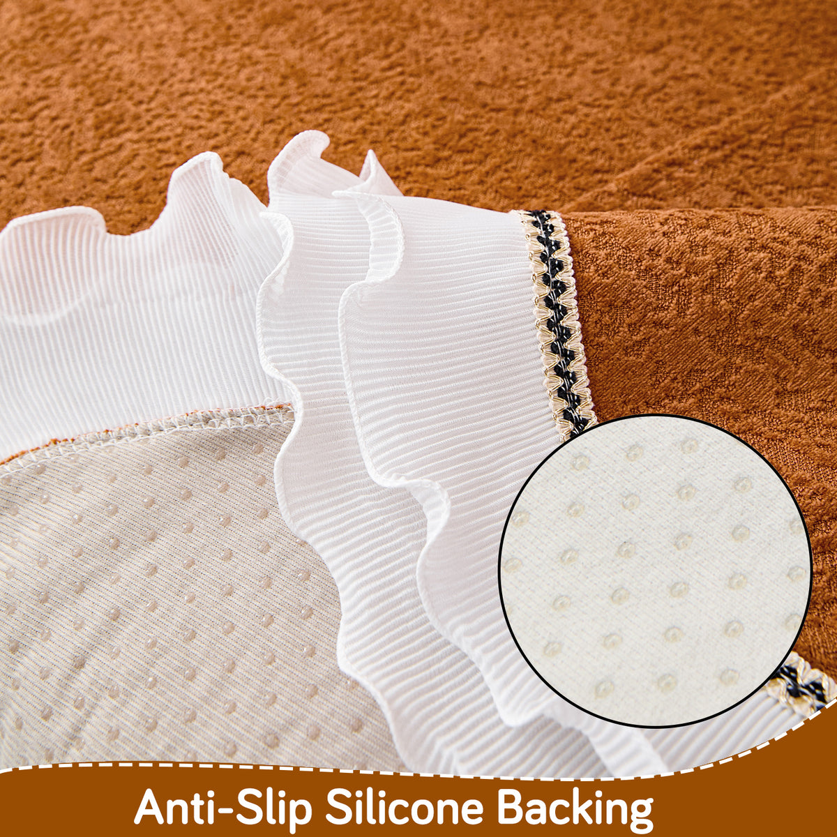 French Classic Frill Wavy Sofa Cover Mat with Curve & Lace - Copper Orange