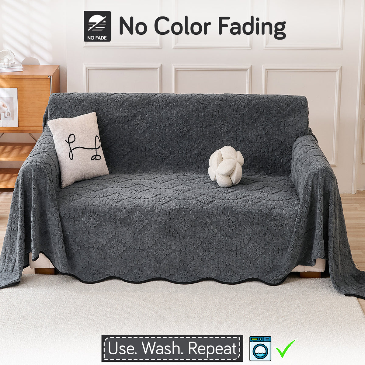 Buy Charcoal Grey Colour Wavy Petal Crest Series Plush Sofa Throw Cover – 2 Seater Sofas | HOKIPO