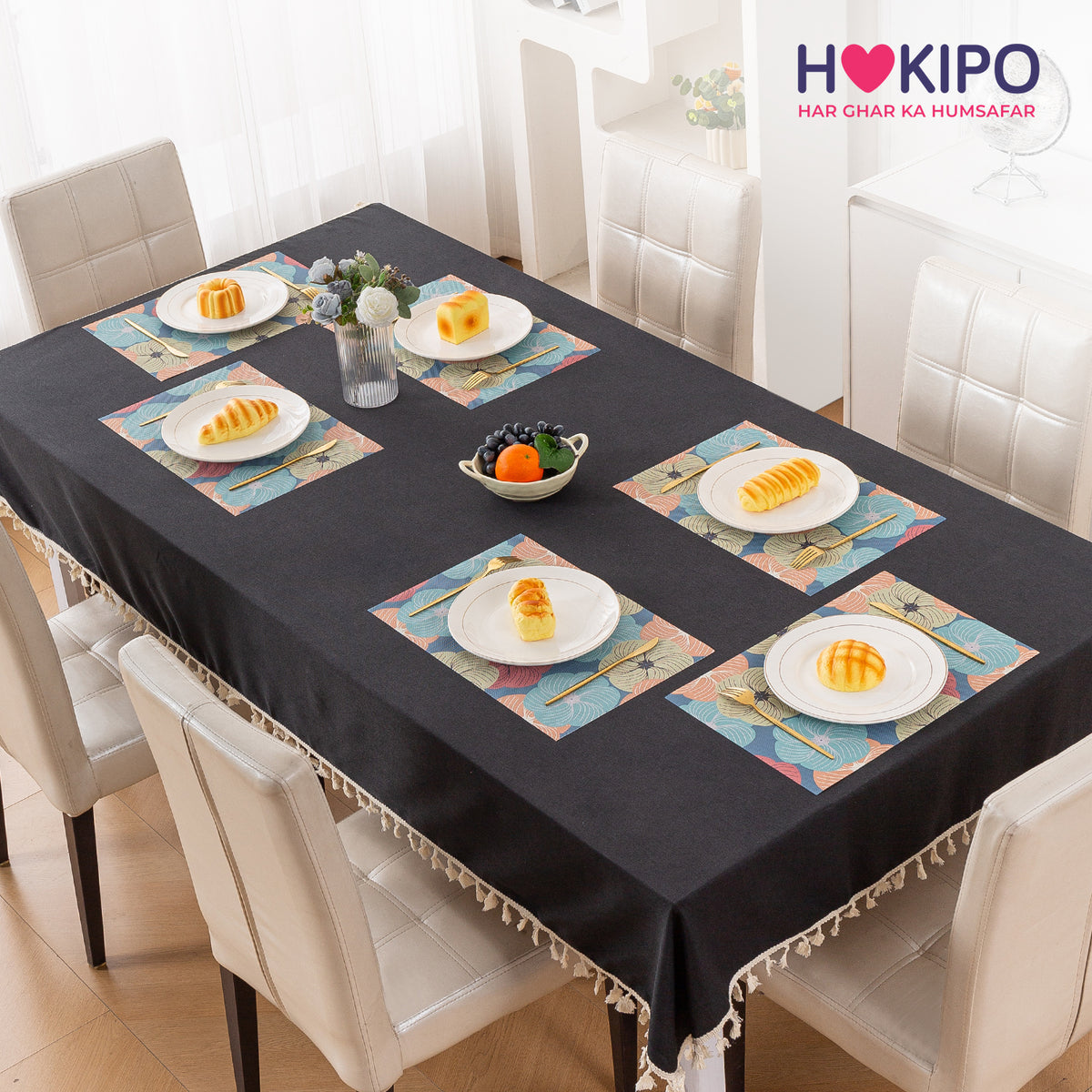 Color Splash PVC Mats for Dining Table, Floral Wheel - Teal Blue