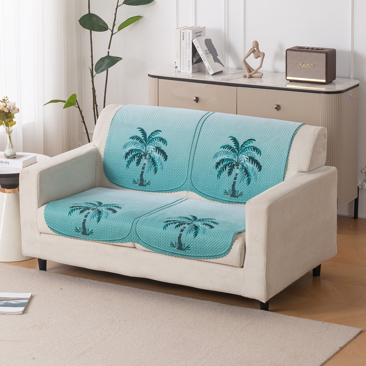 HeavenHue Fleece Soft Touch Quilted Sofa Cover Set Washable Sofa Panel for Seat & Back - Island Breeze