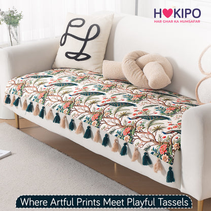 'Whispers of Nature' Series Holland Velvet Sofa Mat with Tassel, Multicolor Tropical Peacock