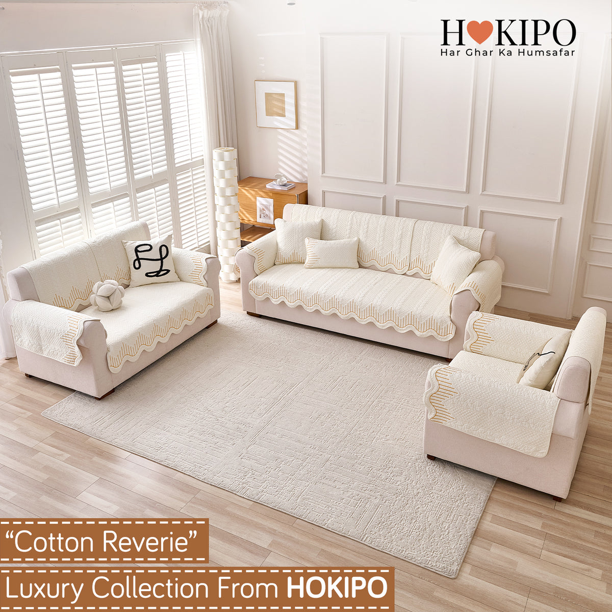 Cotton Reverie with a Curved Wavy Edge Sofa Mat, Golden Cream Bloom