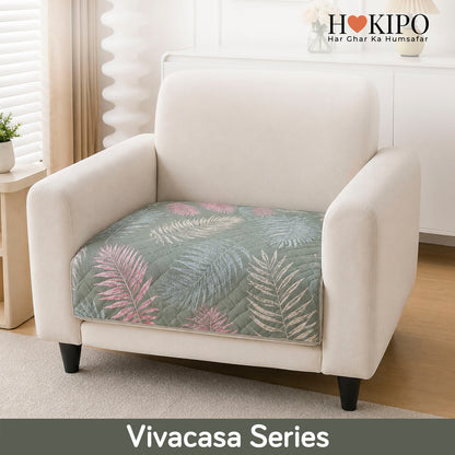Polyester Printed Quilted Sofa Cover Mats, Tropical Leaves Pastel Green