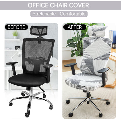 Printed Office Chair Cover with Headrest (High-Back) – 140 GSM Stretch Fabric – Washable, Anti-Slip Fit for Ergonomic Mesh Office Chairs, Snow White Black Geometry