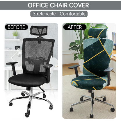 Printed Office Chair Cover with Headrest (High-Back) – 140 GSM Stretch Fabric – Washable, Anti-Slip Fit for Ergonomic Mesh Office Chairs, Multicolor Abstract Geometry