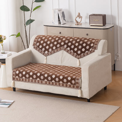 Heritage Weave Premium Jacquard Sofa Cover Set with Tassels - Russet Brown