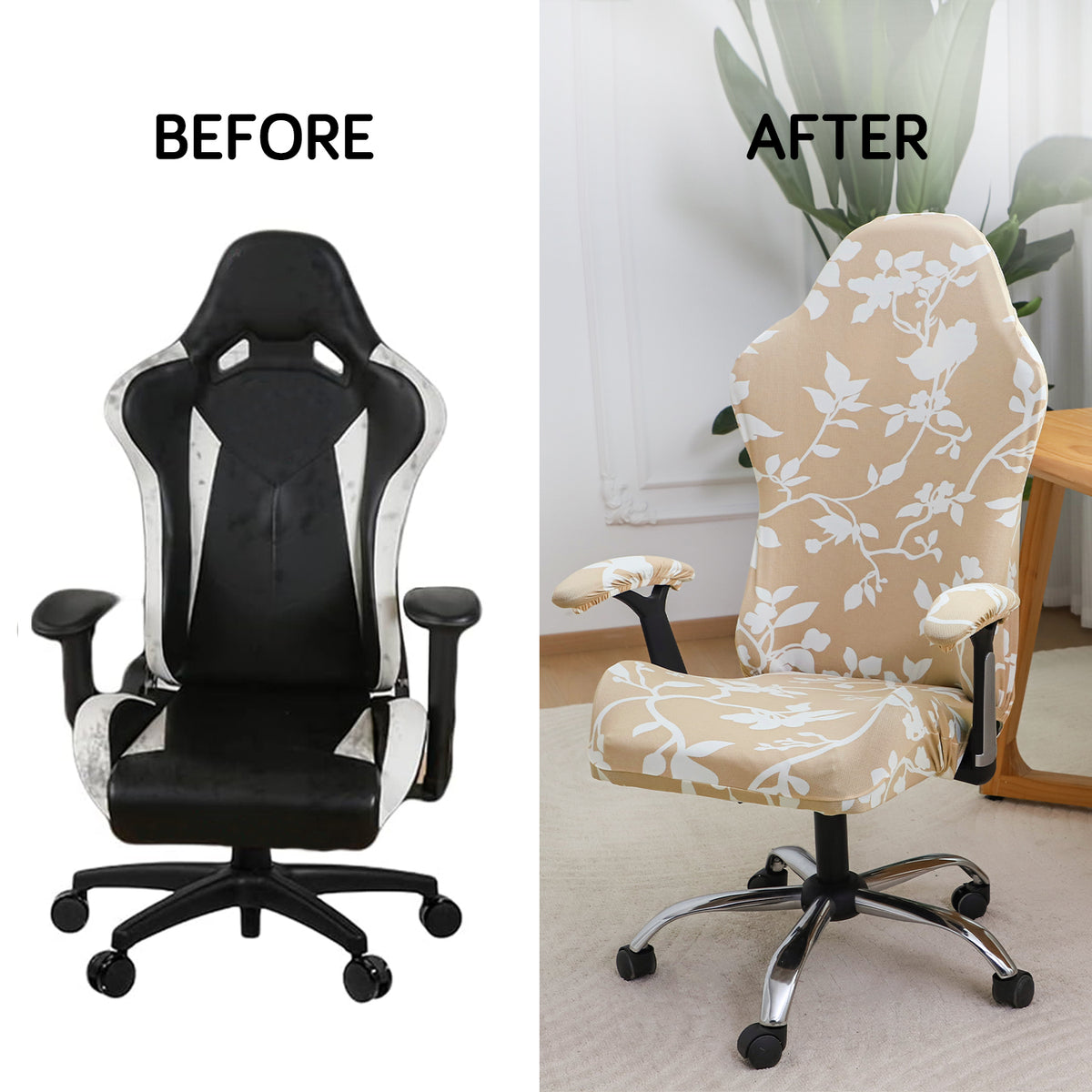 Printed Gaming Chair Seat Cover Elastic Computer Rotating Chair, Buff Brown Sillehoute Floral