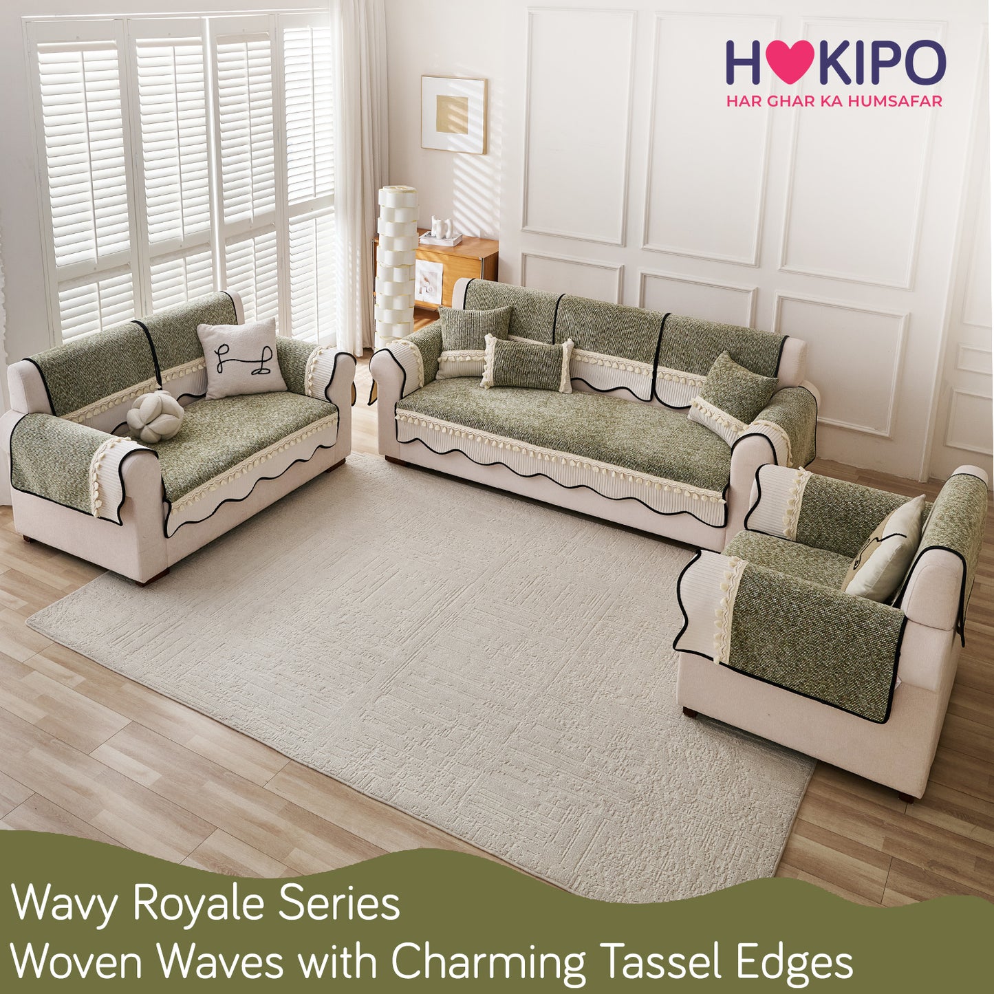 Thick Woven Weave Chenille Sofa Cover with Tassel|'Wavy Royale Series' Sage Green