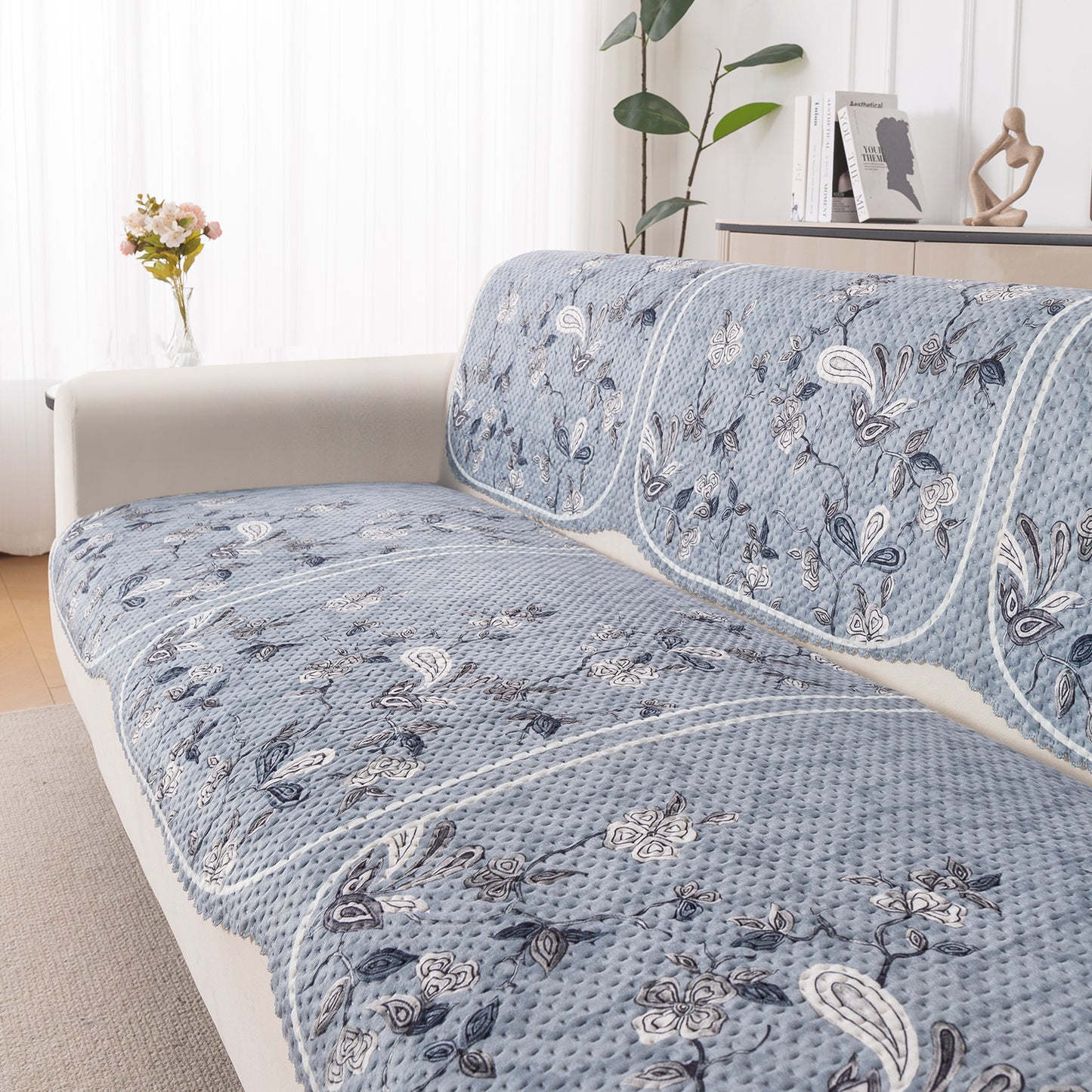 HeavenHue Fleece Soft Touch Quilted Sofa Cover Set Washable Sofa Panel for Seat & Back - Frosted Petals