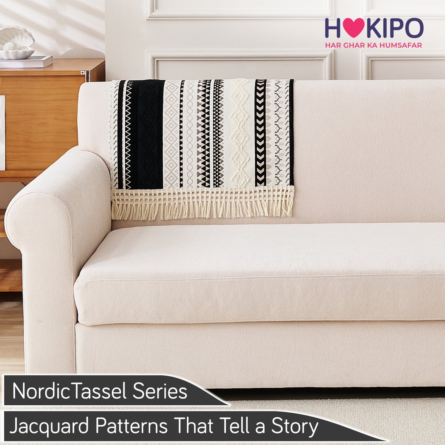 Nordic Boho Geometric Sofa Cover Mat with Tassel, 'Nordic Tassel Series'  Aurora Black