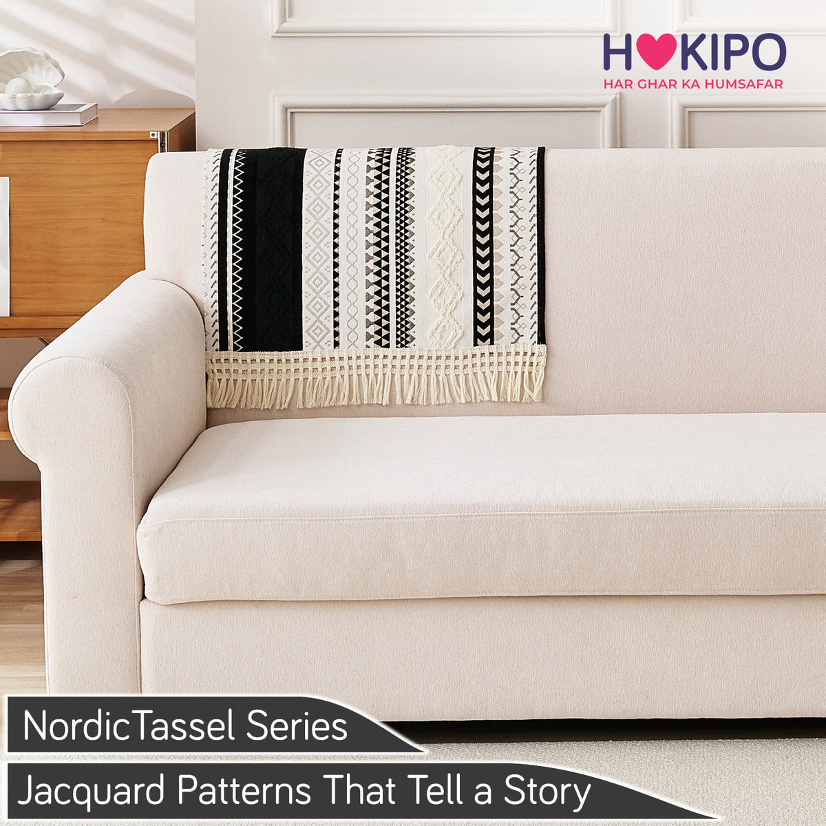 Nordic Boho Geometric Sofa Cover Mat with Tassel, 'Nordic Tassel Series'  Aurora Black