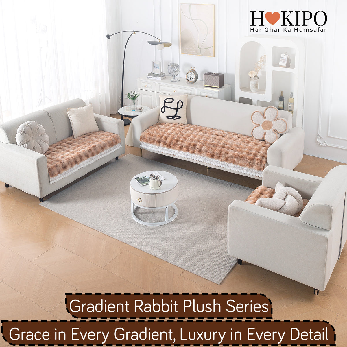 Faux Rabbit Fur Sofa Cover with Lace |Gradient Rabbit Plush, Brown