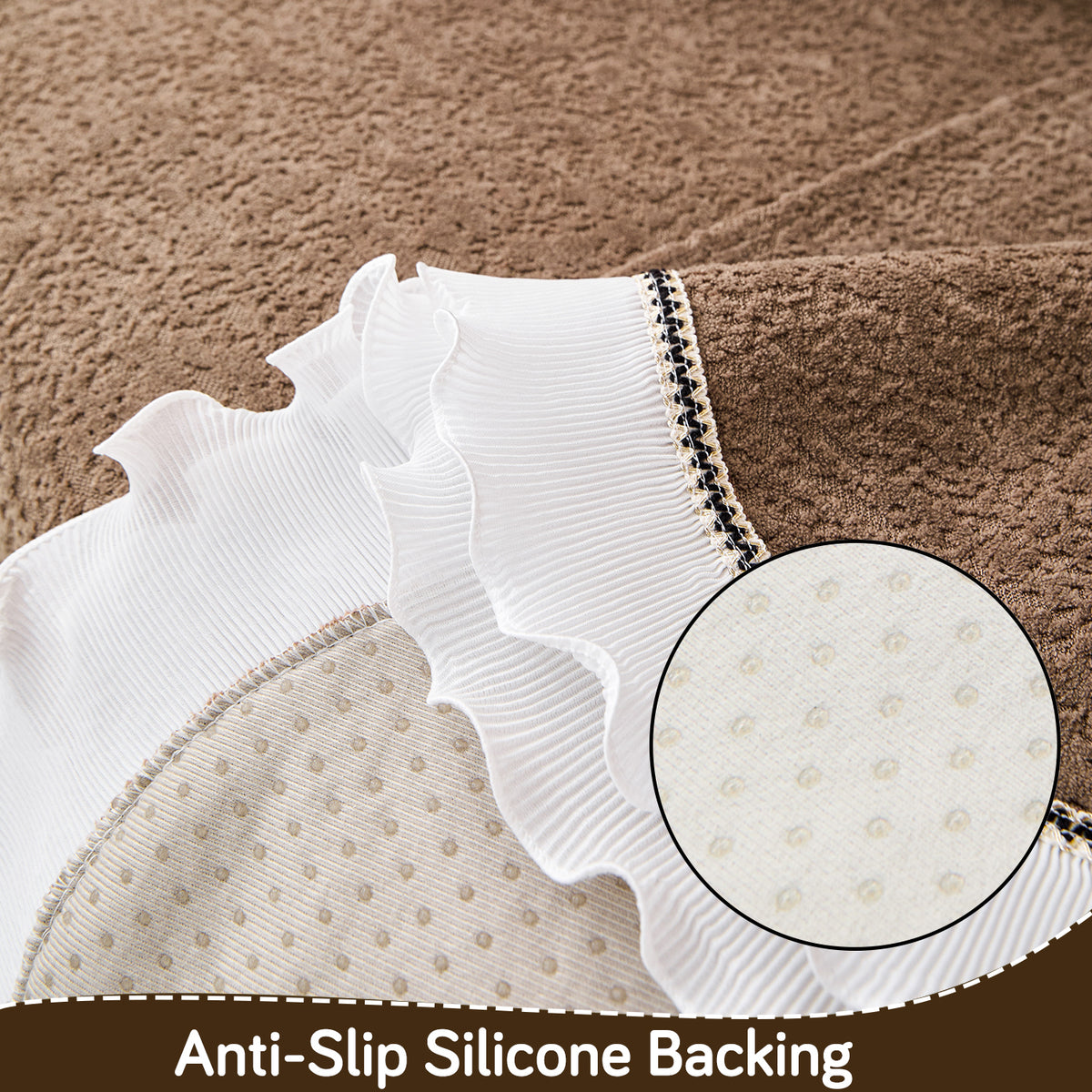 French Classic Frill Wavy Sofa Cover Mat with Curve & Lace - Mocha Luxe Brown